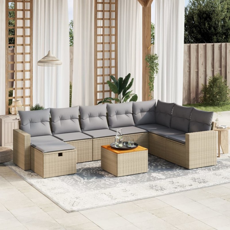 vidaXL Juego de sofás jardín con cojines beige mezcla 9 pzas ratán PE vidaXL Juego de sofás jardín con cojines beige mezcla 9 pzas ratán PE