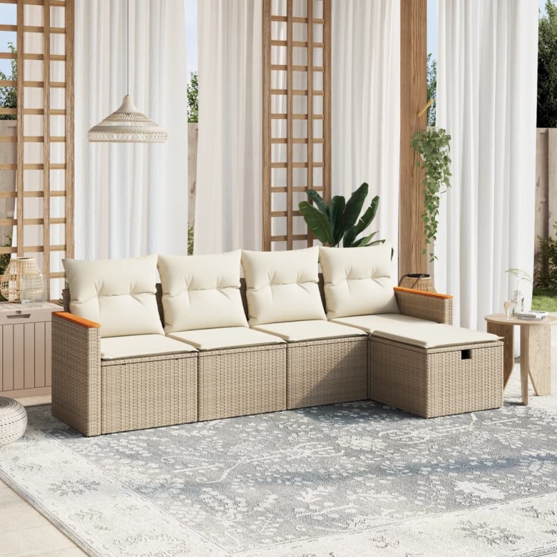 vidaXL Juego de sofás jardín con cojines 5 pzas ratán sintético beige vidaXL Juego de sofás jardín con cojines 5 pzas ratán sintético beige