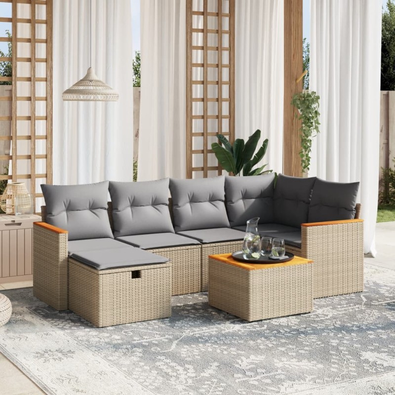 vidaXL Juego de sofás jardín con cojines beige mezcla 7 pzas ratán PE vidaXL Juego de sofás jardín con cojines beige mezcla 7 pzas ratán PE