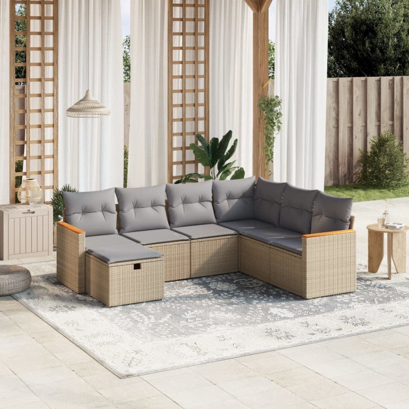 vidaXL Juego de sofás jardín con cojines beige mezcla 7 pzas ratán PE vidaXL Juego de sofás jardín con cojines beige mezcla 7 pzas ratán PE