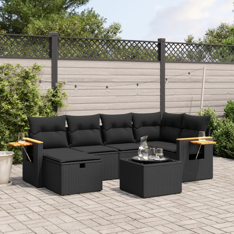 vidaXL Set de comedor de jardín 7 pzas y cojines ratán sintético negro vidaXL Set de comedor de jardín 7 pzas y cojines ratán sintético negro