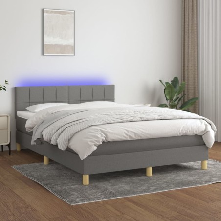 vidaXL Cama box spring colchón y luces LED tela gris oscuro 140x200 cm