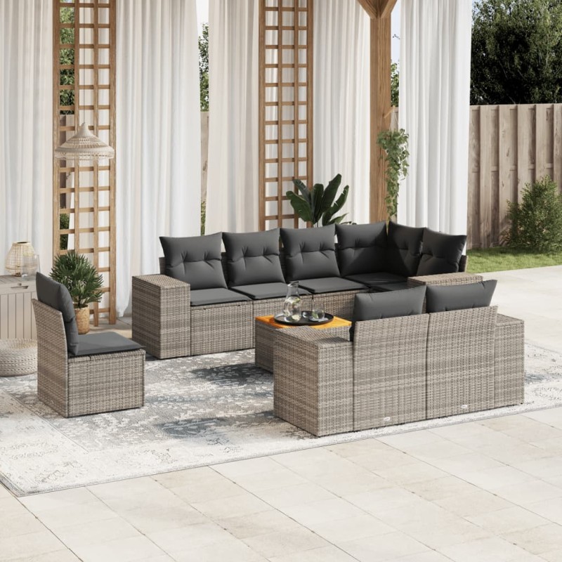 vidaXL Set de muebles de jardín 9 pzas y cojines ratán sintético gris vidaXL Set de muebles de jardín 9 pzas y cojines ratán sintético gris