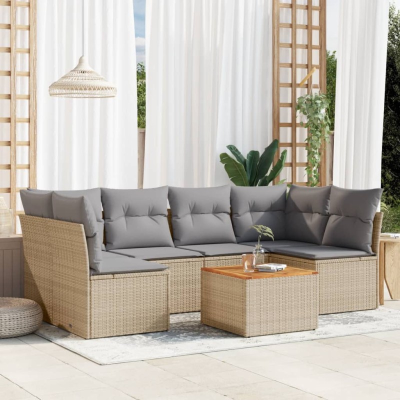 vidaXL Juego de sofás jardín con cojines beige mezcla 7 pzas ratán PE vidaXL Juego de sofás jardín con cojines beige mezcla 7 pzas ratán PE