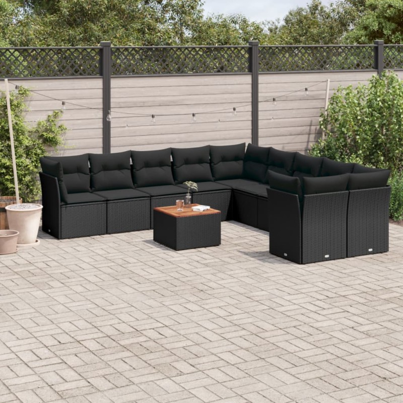 vidaXL Set de sofás de jardín 11 pzas y cojines ratán sintético negro