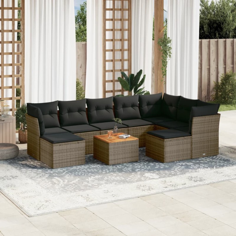 vidaXL Set de sofás de jardín 10 pzas con cojines ratán sintético gris vidaXL Set de sofás de jardín 10 pzas con cojines ratán sintético gris
