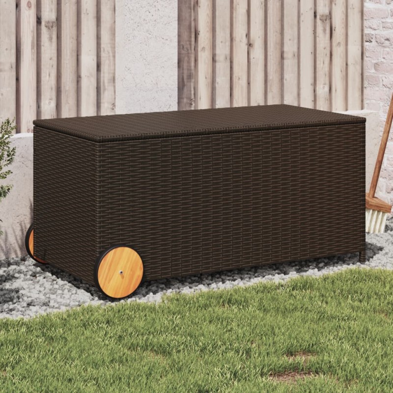 vidaXL Caja de almacenaje jardín con ruedas ratán PE marrón 190L vidaXL Caja de almacenaje jardín con ruedas ratán PE marrón 190L