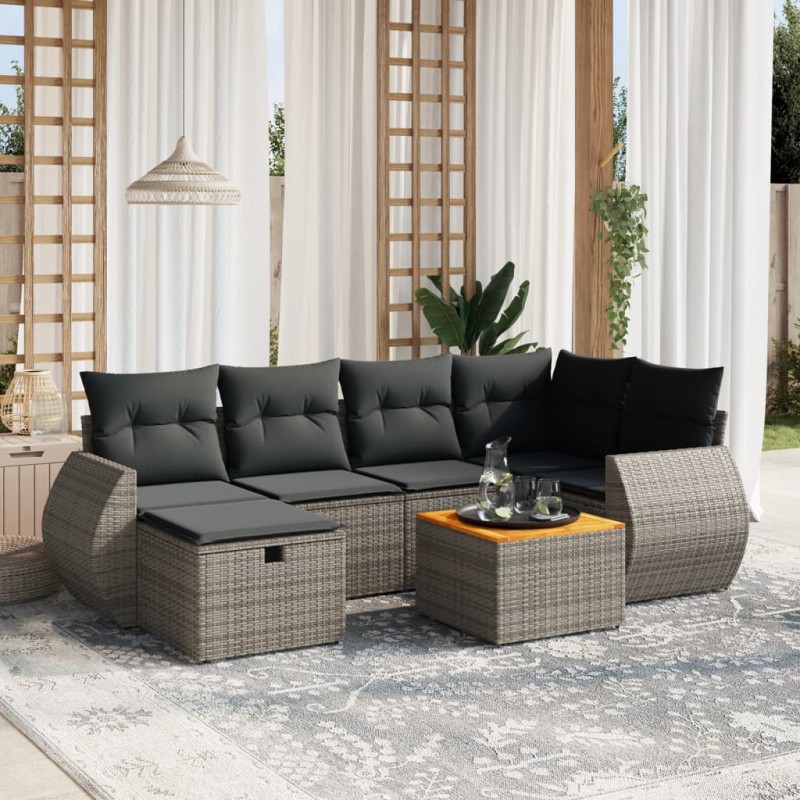 vidaXL Set de sofás de jardín 7 piezas con cojines ratán PE gris vidaXL Set de sofás de jardín 7 piezas con cojines ratán PE gris