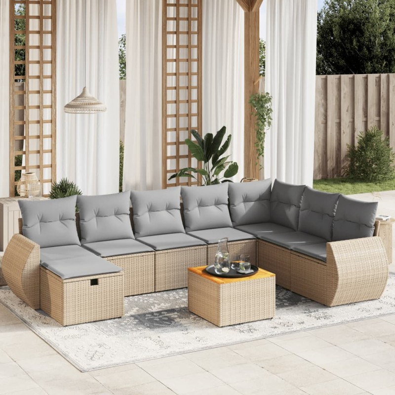 vidaXL Juego de sofás jardín con cojines beige mezcla 9 pzas ratán PE