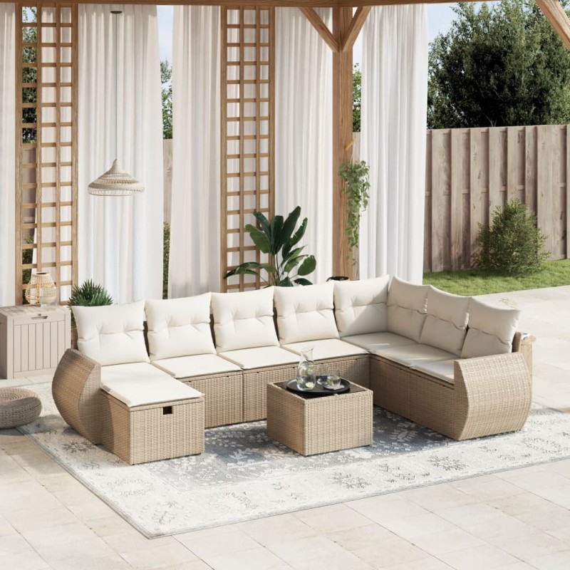 vidaXL Set de sofás de jardín 9 pzas con cojines ratán sintético beige vidaXL Set de sofás de jardín 9 pzas con cojines ratán sintético beige