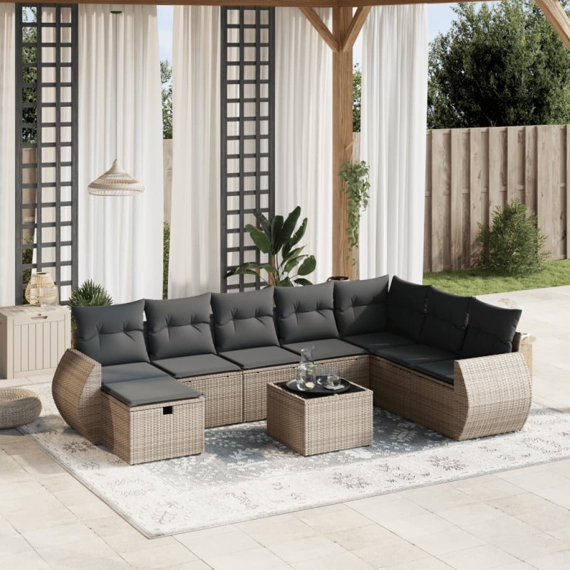vidaXL Set de muebles de jardín 9 pzas y cojines ratán sintético gris