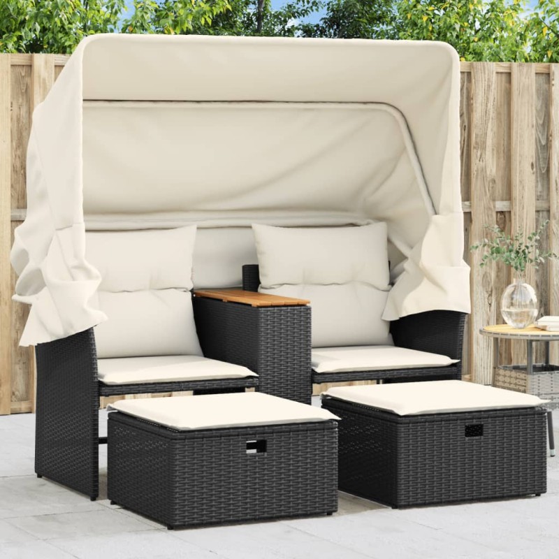 vidaXL Sofá de jardín 2 plazas con toldo y taburetes ratán PE negro vidaXL Sofá de jardín 2 plazas con toldo y taburetes ratán PE negro