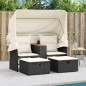 vidaXL Sofá de jardín 2 plazas con toldo y taburetes ratán PE negro vidaXL Sofá de jardín 2 plazas con toldo y taburetes ratán PE negro