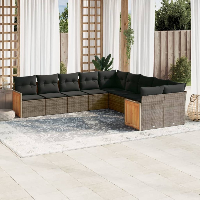 vidaXL Set de sofás de jardín 10 pzas con cojines ratán sintético gris vidaXL Set de sofás de jardín 10 pzas con cojines ratán sintético gris
