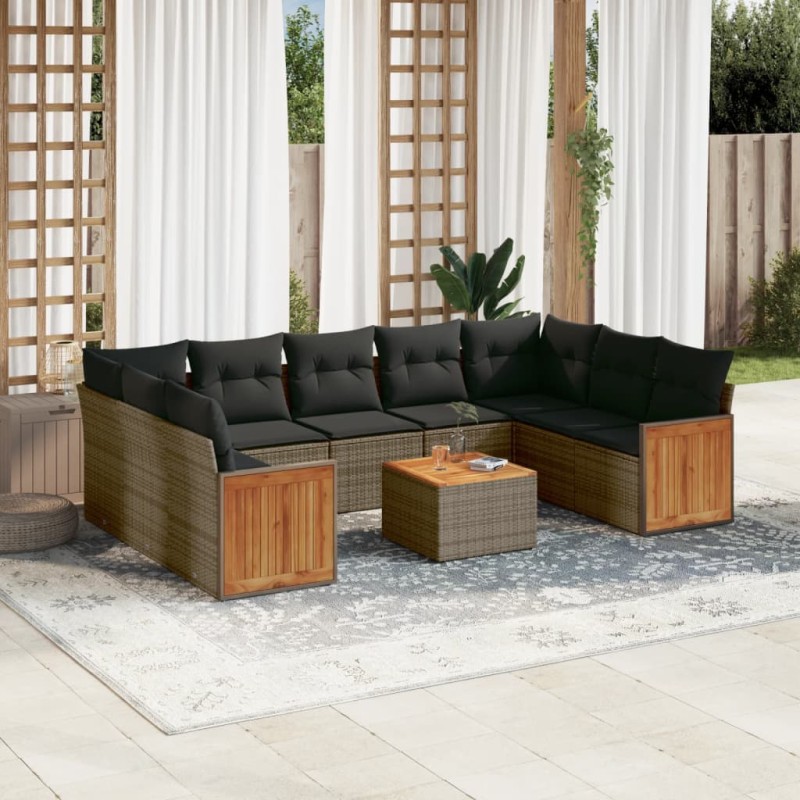 vidaXL Set de sofás de jardín 10 pzas con cojines ratán sintético gris vidaXL Set de sofás de jardín 10 pzas con cojines ratán sintético gris