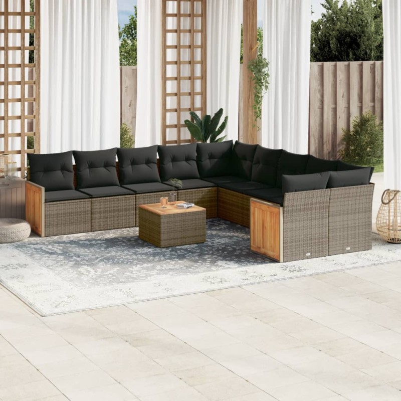 vidaXL Set de sofás de jardín 11 pzas y cojines ratán sintético gris vidaXL Set de sofás de jardín 11 pzas y cojines ratán sintético gris