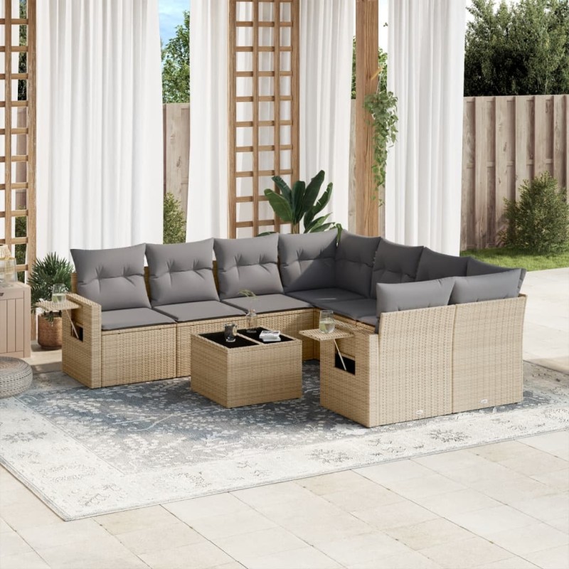 vidaXL Set de sofás de jardín 9 pzas con cojines ratán sintético beige vidaXL Set de sofás de jardín 9 pzas con cojines ratán sintético beige