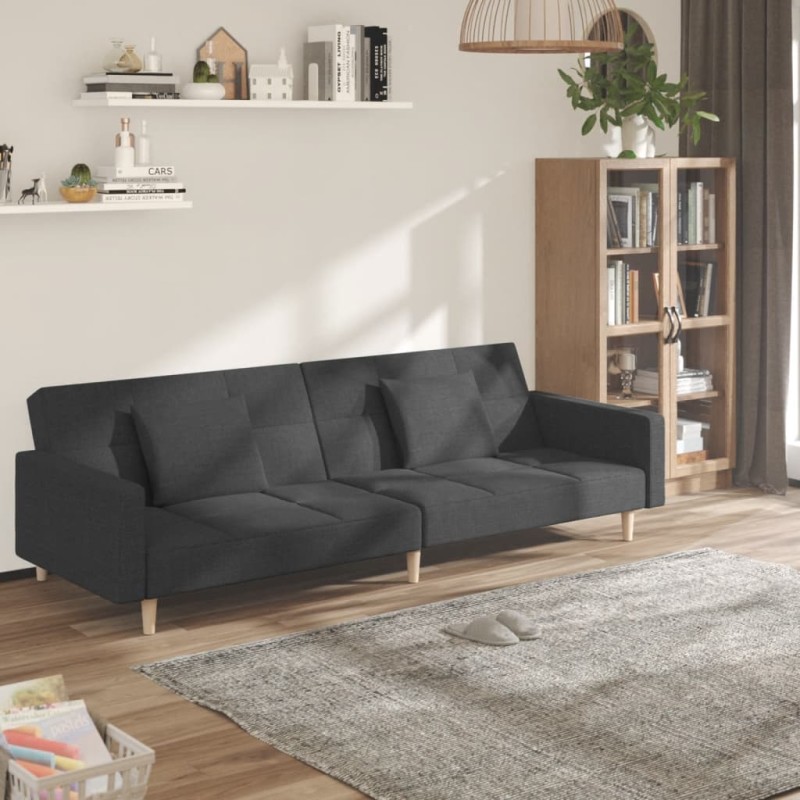 vidaXL Sofá cama de 2 plazas con dos almohadas tela gris oscuro vidaXL Sofá cama de 2 plazas con dos almohadas tela gris oscuro