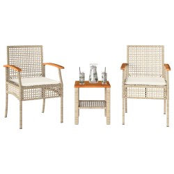 vidaXL Mesita y sillas con cojines 3 pzas ratán PE madera acacia beige