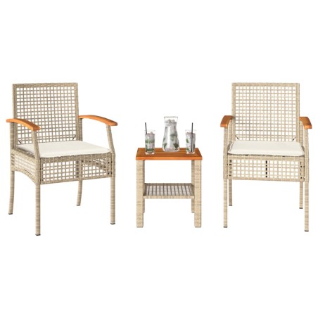 vidaXL Mesita y sillas con cojines 3 pzas ratán PE madera acacia beige