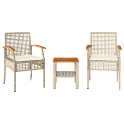 vidaXL Mesita y sillas con cojines 3 pzas ratán PE madera acacia beige