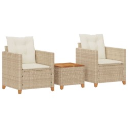 vidaXL Mesita y sillas con cojines 3 pzas ratán PE madera acacia beige