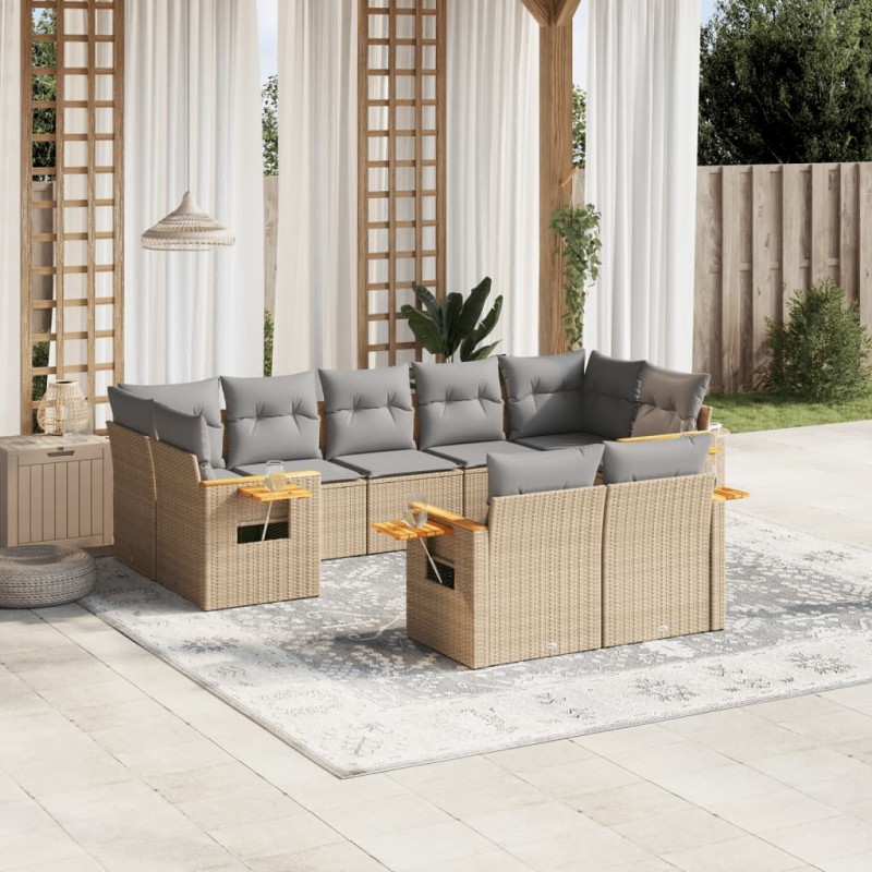 vidaXL Set de sofás de jardín 9 pzas con cojines ratán sintético beige vidaXL Set de sofás de jardín 9 pzas con cojines ratán sintético beige