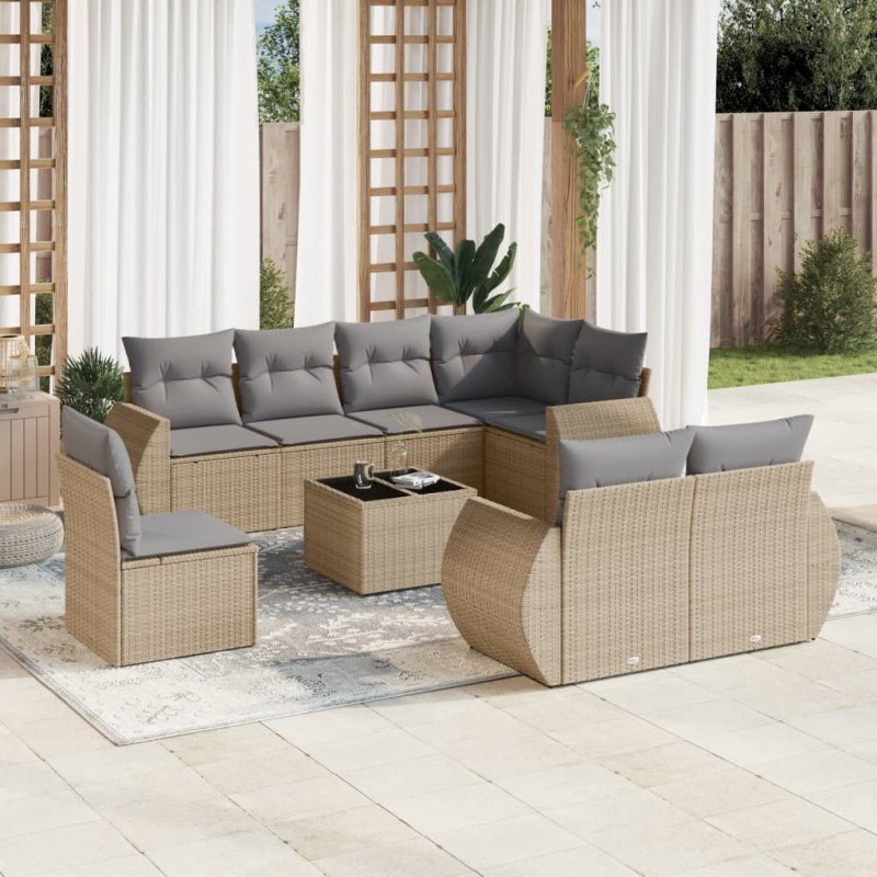 vidaXL Set de sofás de jardín 9 pzas con cojines ratán sintético beige vidaXL Set de sofás de jardín 9 pzas con cojines ratán sintético beige