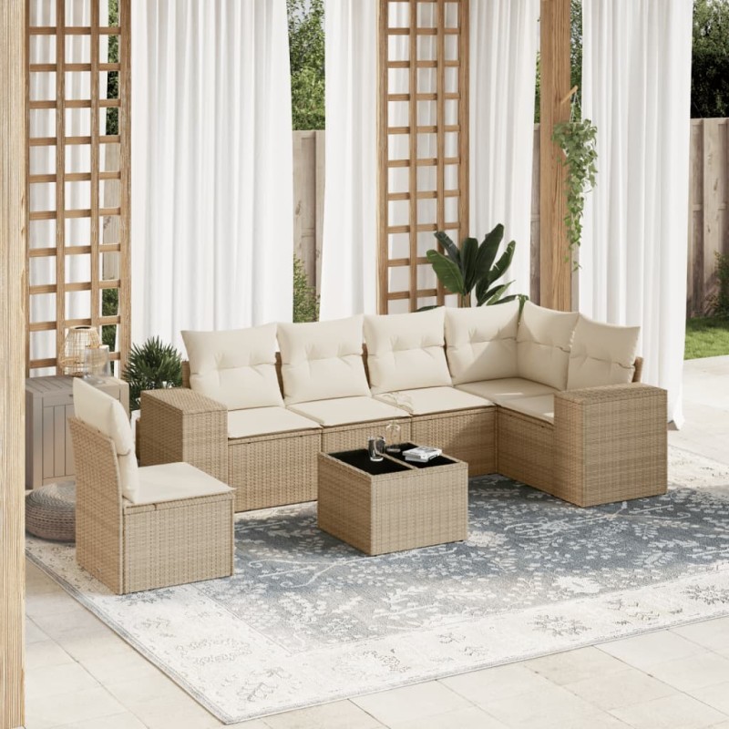 vidaXL Set sofás de jardín 7 piezas y cojines ratán sintético beige vidaXL Set sofás de jardín 7 piezas y cojines ratán sintético beige