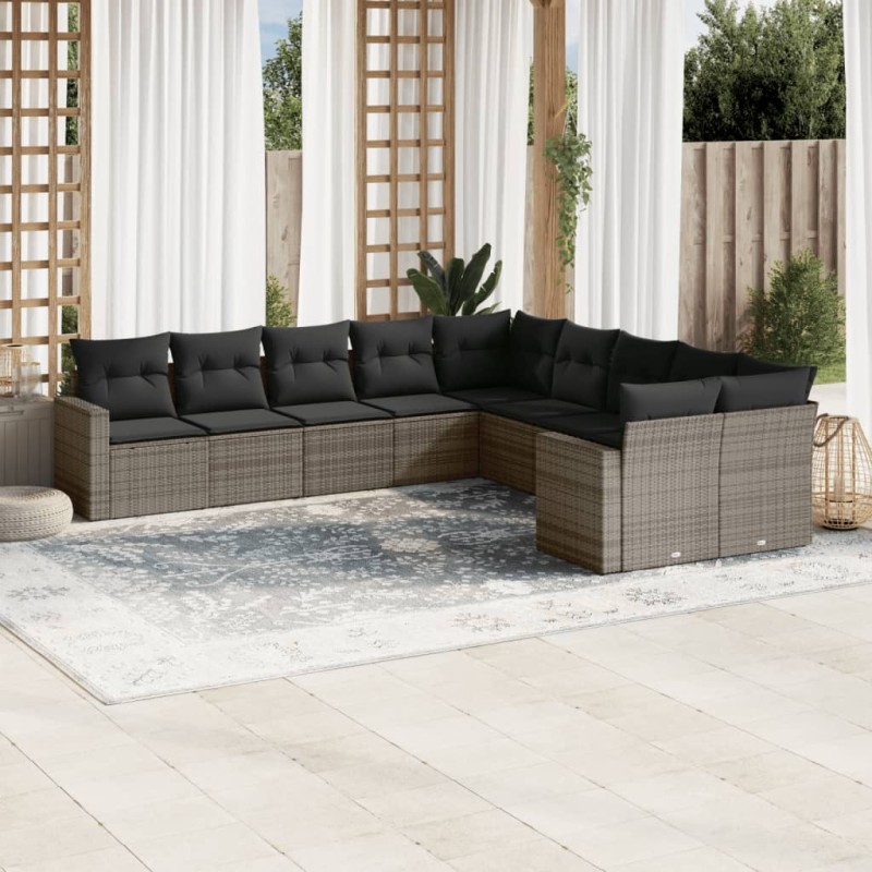 vidaXL Set de sofás de jardín 10 pzas con cojines ratán sintético gris vidaXL Set de sofás de jardín 10 pzas con cojines ratán sintético gris