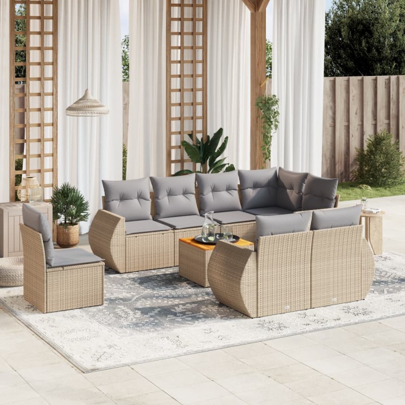 vidaXL Set de sofás de jardín 9 pzas con cojines ratán sintético beige vidaXL Set de sofás de jardín 9 pzas con cojines ratán sintético beige