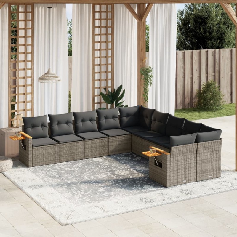 vidaXL Set de sofás de jardín 10 pzas con cojines ratán sintético gris vidaXL Set de sofás de jardín 10 pzas con cojines ratán sintético gris