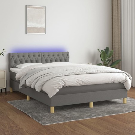 vidaXL Cama box spring colchón y luces LED tela gris oscuro 140x190 cm