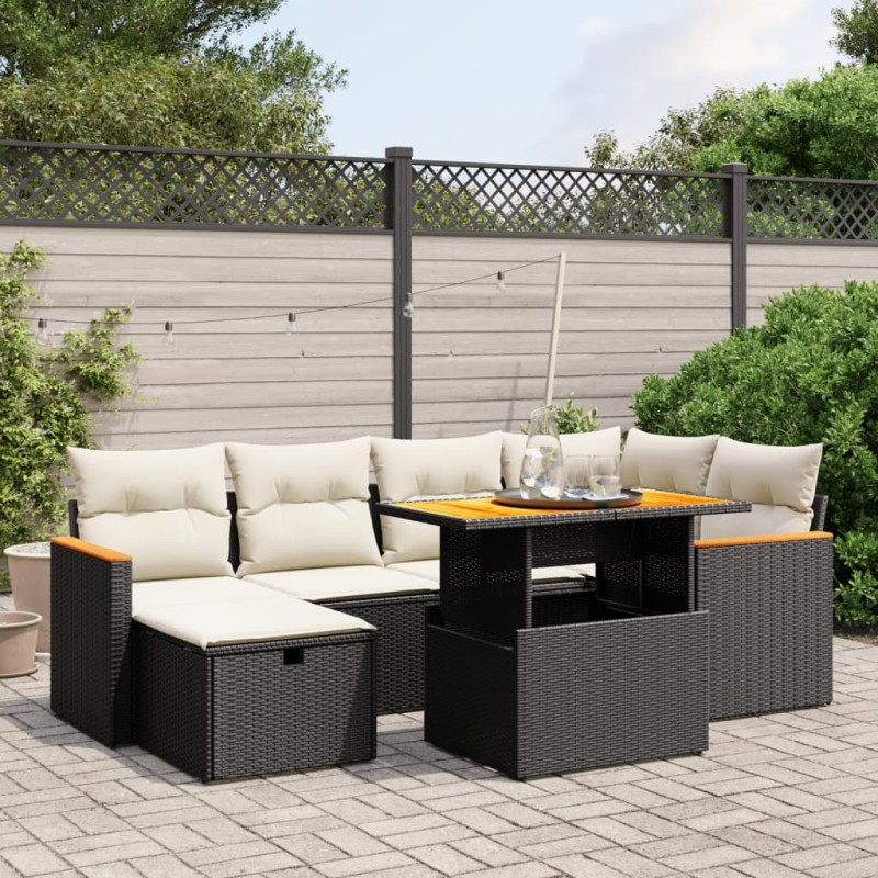 vidaXL Set de comedor de jardín 7 pzas y cojines ratán sintético negro vidaXL Set de comedor de jardín 7 pzas y cojines ratán sintético negro