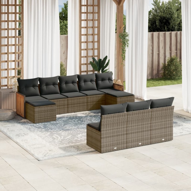 vidaXL Set de sofás de jardín 10 pzas con cojines ratán sintético gris vidaXL Set de sofás de jardín 10 pzas con cojines ratán sintético gris