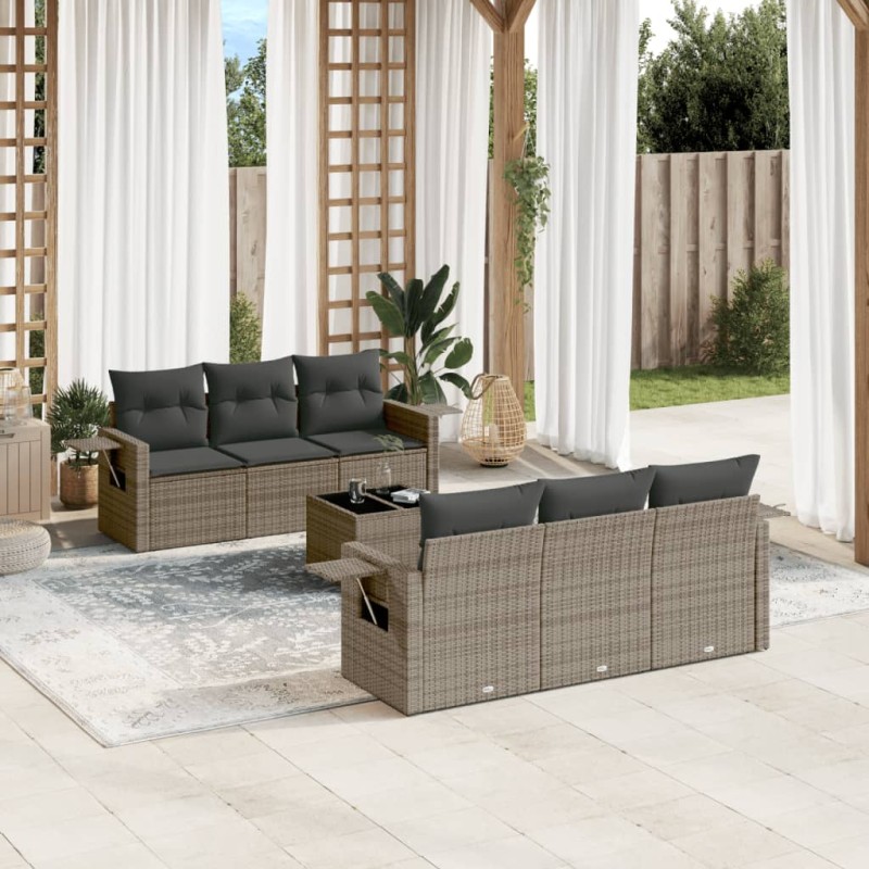 vidaXL Set de sofás de jardín 7 piezas con cojines ratán PE gris vidaXL Set de sofás de jardín 7 piezas con cojines ratán PE gris