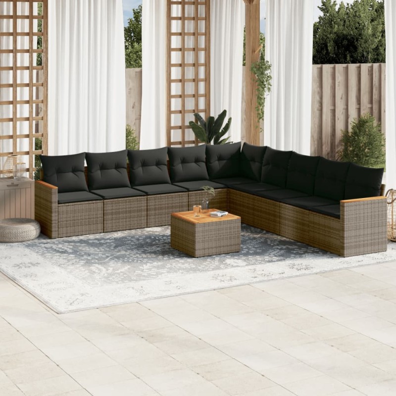 vidaXL Set de sofás de jardín 10 pzas con cojines ratán sintético gris vidaXL Set de sofás de jardín 10 pzas con cojines ratán sintético gris