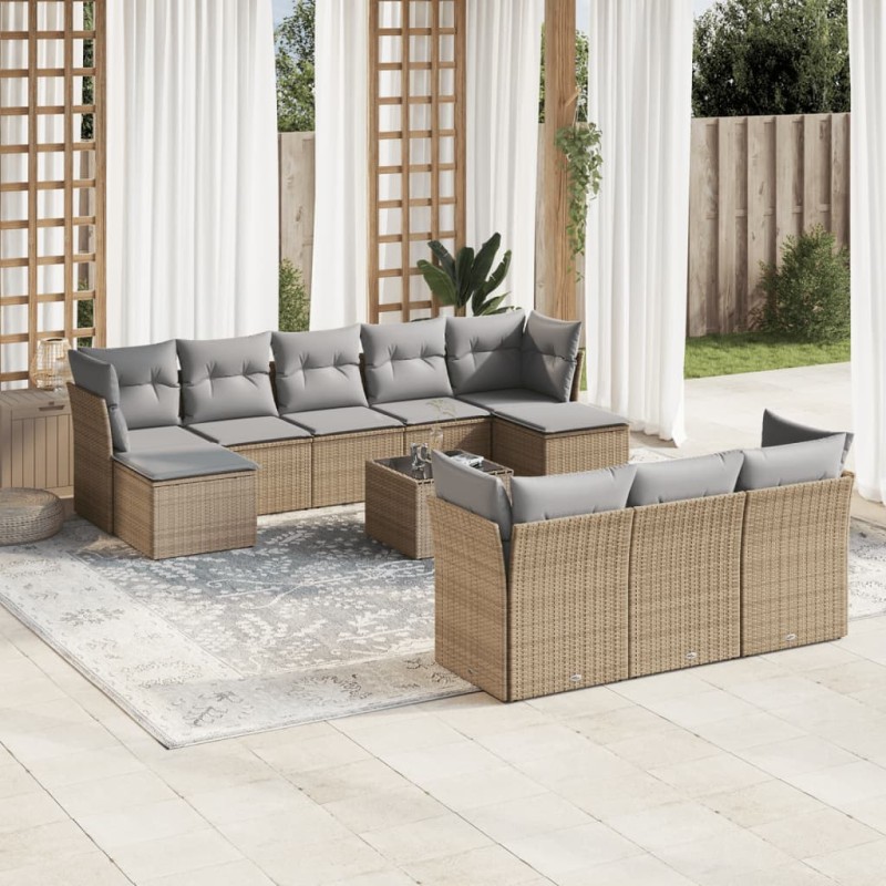 vidaXL Set de sofás de jardín 11pzas con cojines ratán sintético beige vidaXL Set de sofás de jardín 11pzas con cojines ratán sintético beige