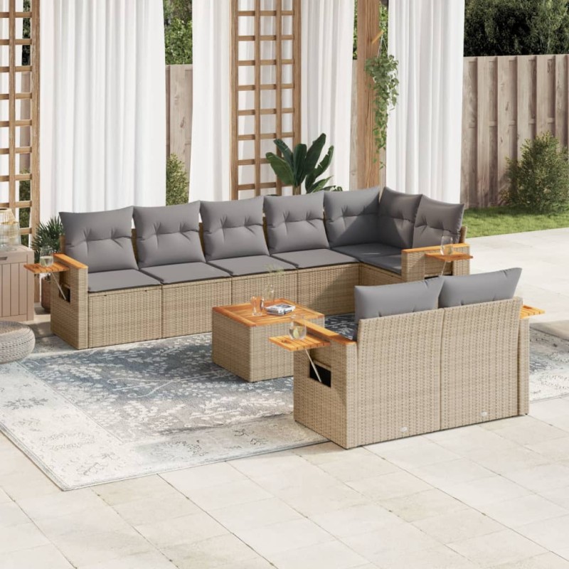 vidaXL Set de sofás de jardín 9 pzas con cojines ratán sintético beige vidaXL Set de sofás de jardín 9 pzas con cojines ratán sintético beige
