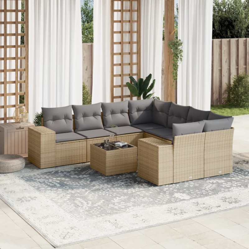 vidaXL Set de sofás de jardín 9 pzas con cojines ratán sintético beige vidaXL Set de sofás de jardín 9 pzas con cojines ratán sintético beige
