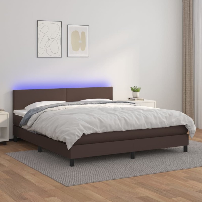 vidaXL Cama box spring colchón y LED cuero sintético marrón 160x200 cm vidaXL Cama box spring colchón y LED cuero sintético marrón 160x200 cm