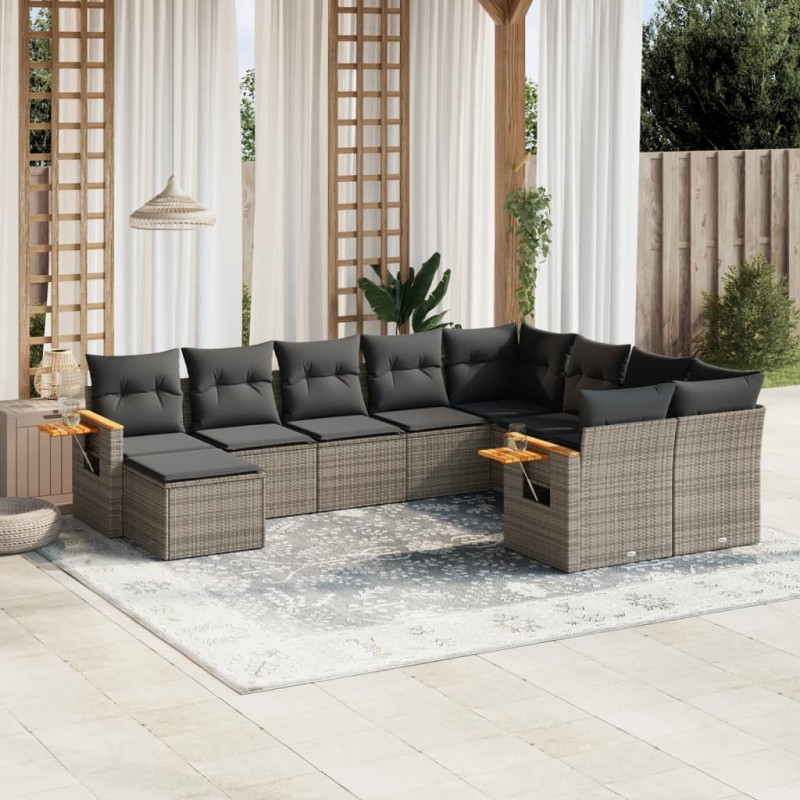 vidaXL Set de sofás de jardín 10 pzas con cojines ratán sintético gris vidaXL Set de sofás de jardín 10 pzas con cojines ratán sintético gris