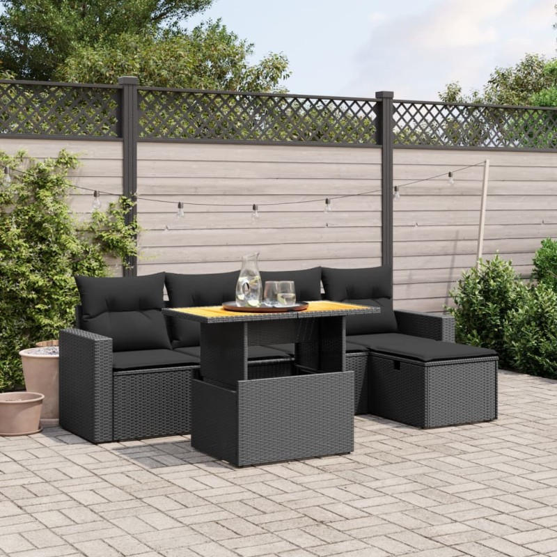 vidaXL Set de sofás de jardín 6 piezas y cojines ratán sintético negro vidaXL Set de sofás de jardín 6 piezas y cojines ratán sintético negro