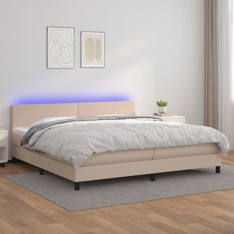 vidaXL Cama box spring colchón LED cuero sintético capuchino 200x200cm vidaXL Cama box spring colchón LED cuero sintético capuchino 200x200cm