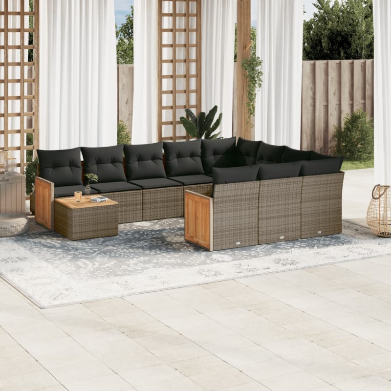 vidaXL Set de sofás de jardín 11 pzas y cojines ratán sintético gris