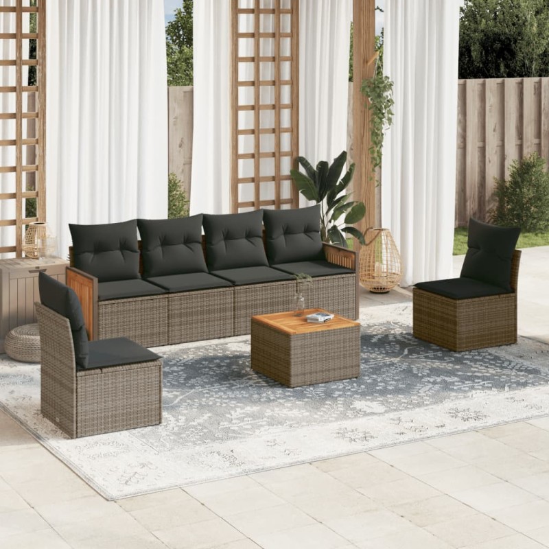 vidaXL Set de sofás de jardín 7 piezas con cojines ratán PE gris vidaXL Set de sofás de jardín 7 piezas con cojines ratán PE gris