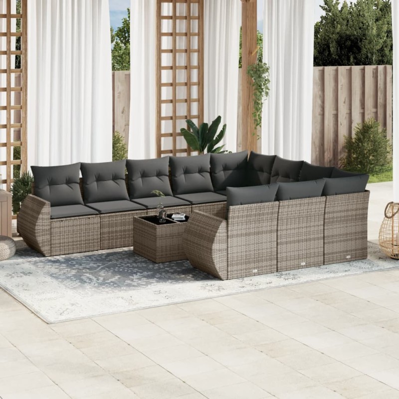 vidaXL Set de sofás de jardín 11 pzas y cojines ratán sintético gris vidaXL Set de sofás de jardín 11 pzas y cojines ratán sintético gris