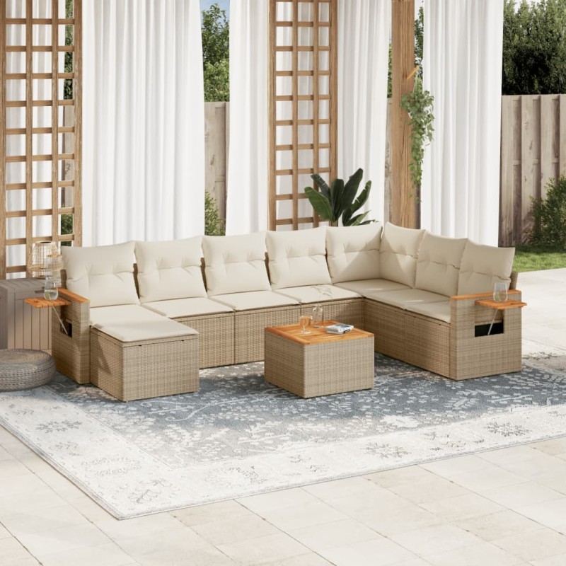 vidaXL Set de sofás de jardín 9 pzas con cojines ratán sintético beige vidaXL Set de sofás de jardín 9 pzas con cojines ratán sintético beige