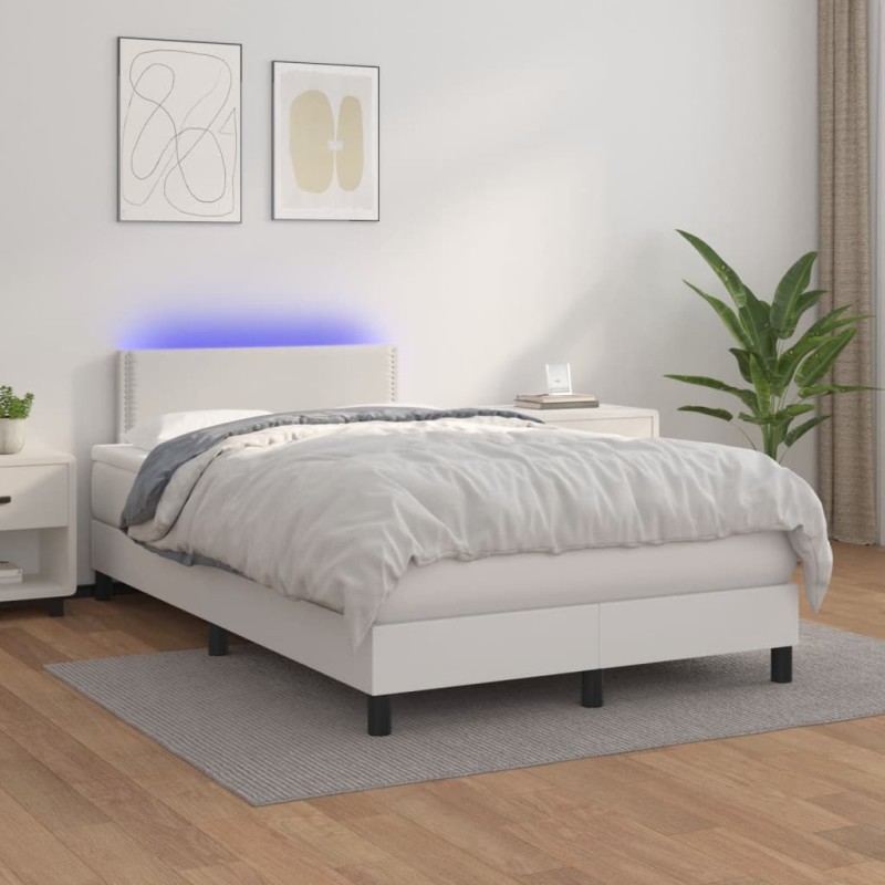 vidaXL Cama box spring colchón y LED cuero sintético blanco 120x200 cm vidaXL Cama box spring colchón y LED cuero sintético blanco 120x200 cm