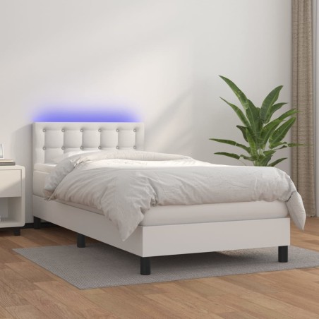 vidaXL Cama box spring y colchón LED cuero sintético blanco 90x190 cm
